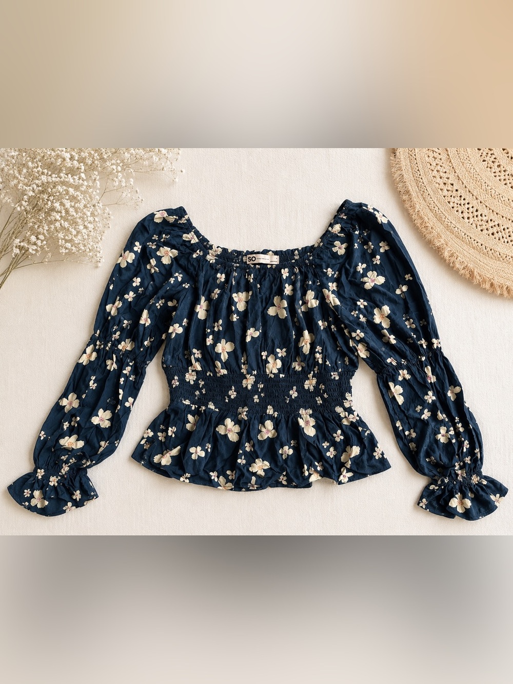 SO Navy Floral Smocked Peplum Long Sleeve Blouse